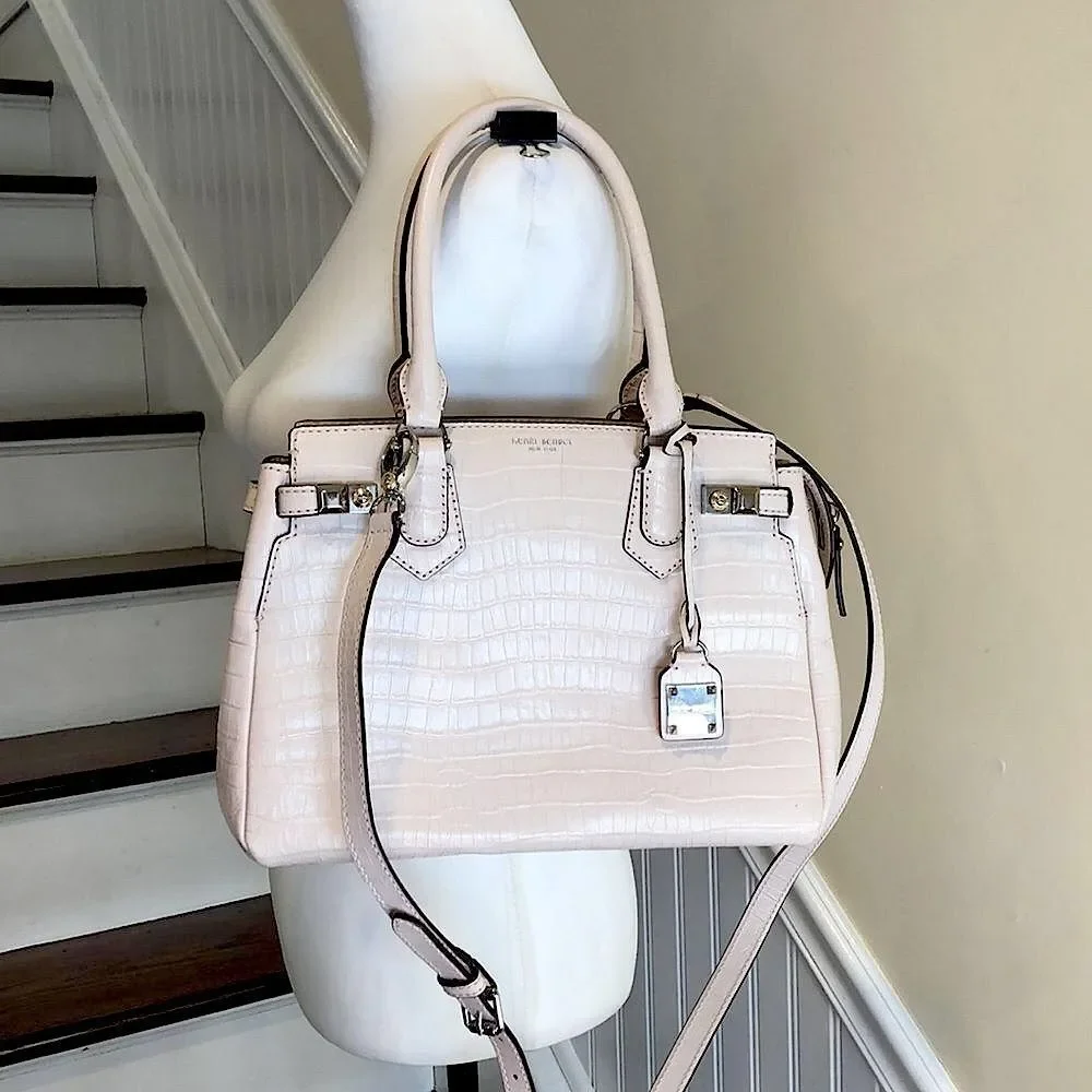 HENRI BENDEL CARLYLE Blush Croc Embossed Top Handle Satchel w/ Strap MINT